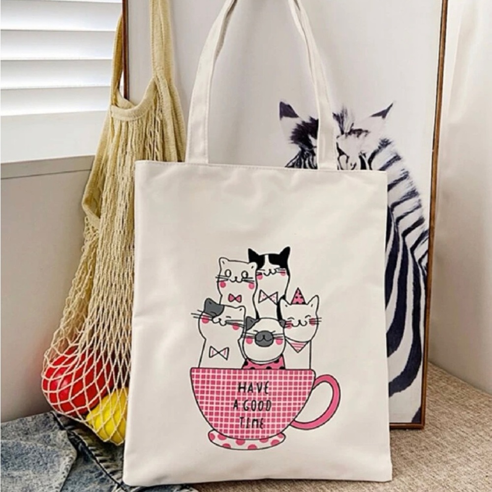 Cute Kitty Cat Tote Bag Zipper Top